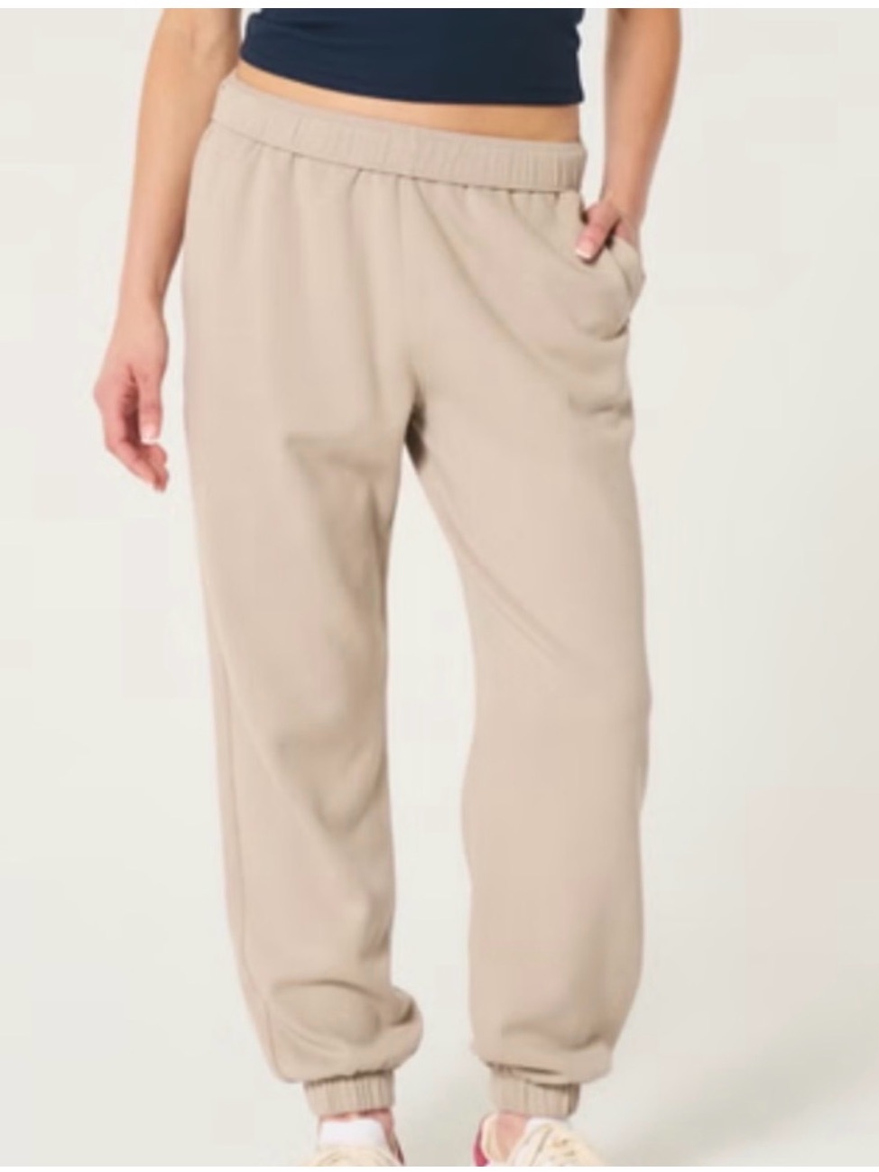 Euc Hollister Small Sweatpants Beige Fleece Lined Pockets Adjustable Rise Logo